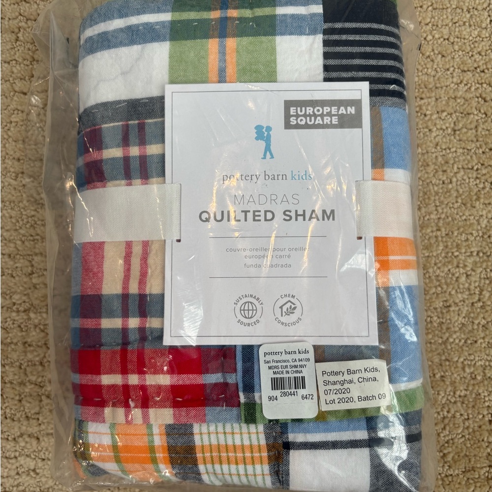NWT Pottery Barn Kids Madras Quilted Euro Navy Sham